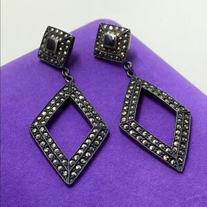 💛 Art Deco Antiqued 925 Silver Marcasite & Onyx Dangle Earrings